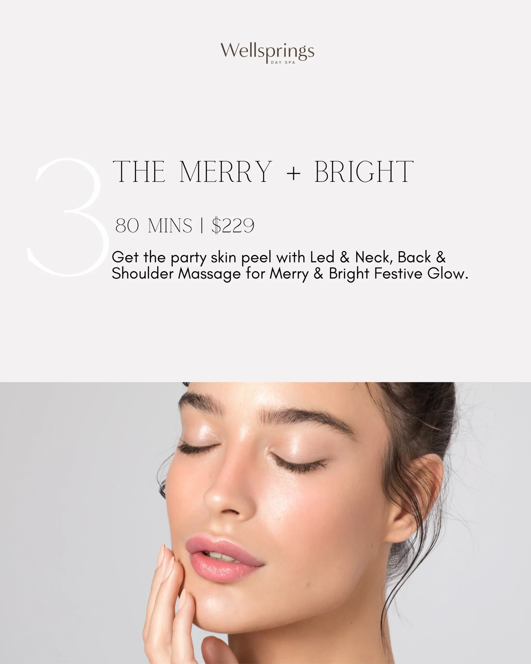 Facial treatment voucher with a close-up of a relaxed woman’s face under soft, gentle lighting